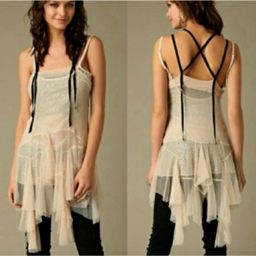 RARE Free People Ballerina Fairy Slip Dress Pink/Gray Combo - Picture 2 of 11